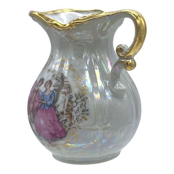 VINTAGE Japan Lusterware Portrait Of Courting Couple Pitcher and Bowl Gold Rim - Picture 3 of 15